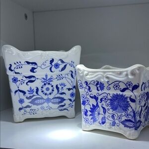 Vintage Blue & White Japan Planter Set • Footed Square Ceramic Pots
